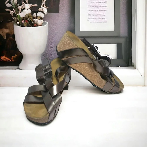 Lola Sabbia Shoes - Eric Michael Metallic Brown Leather Platform Wedge Sandals 7.5 Comfort Boho